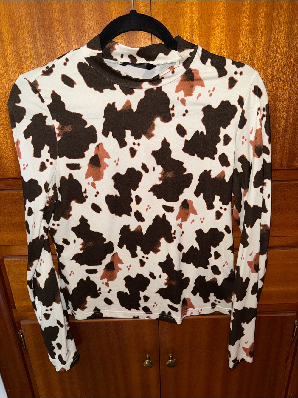 Shien Cow Print Long Sleeve Mock Neck Top - White, Black & Brown